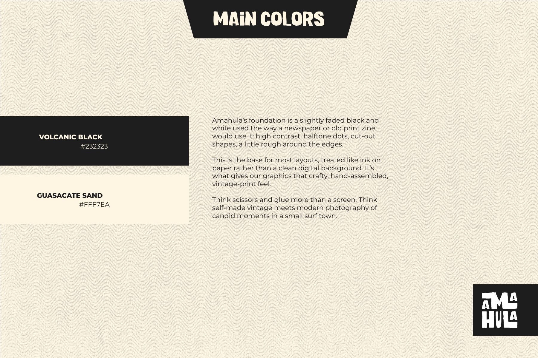 Guide page: main colours Volcanic Black and Guasacate Sand