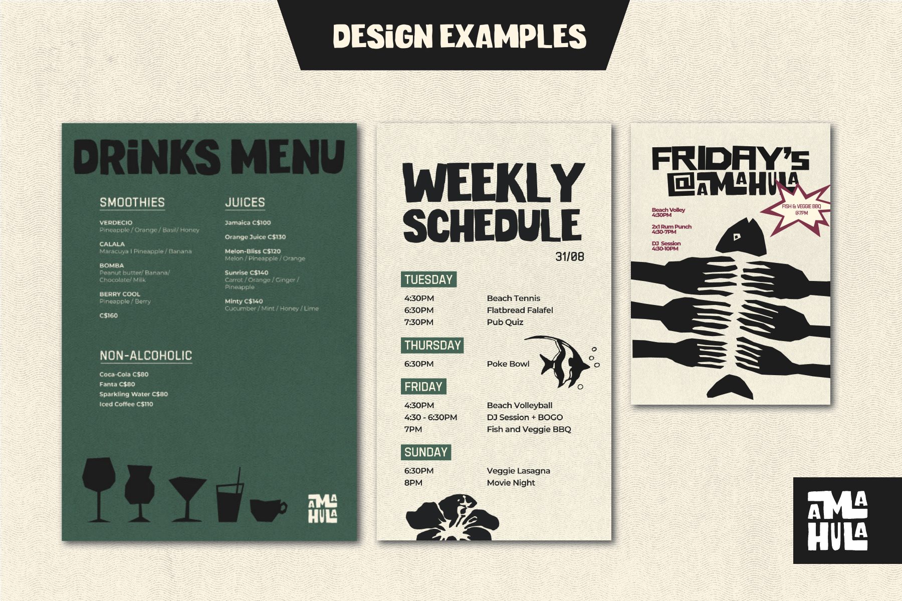 Guide page: drinks menu, weekly schedule and Friday poster