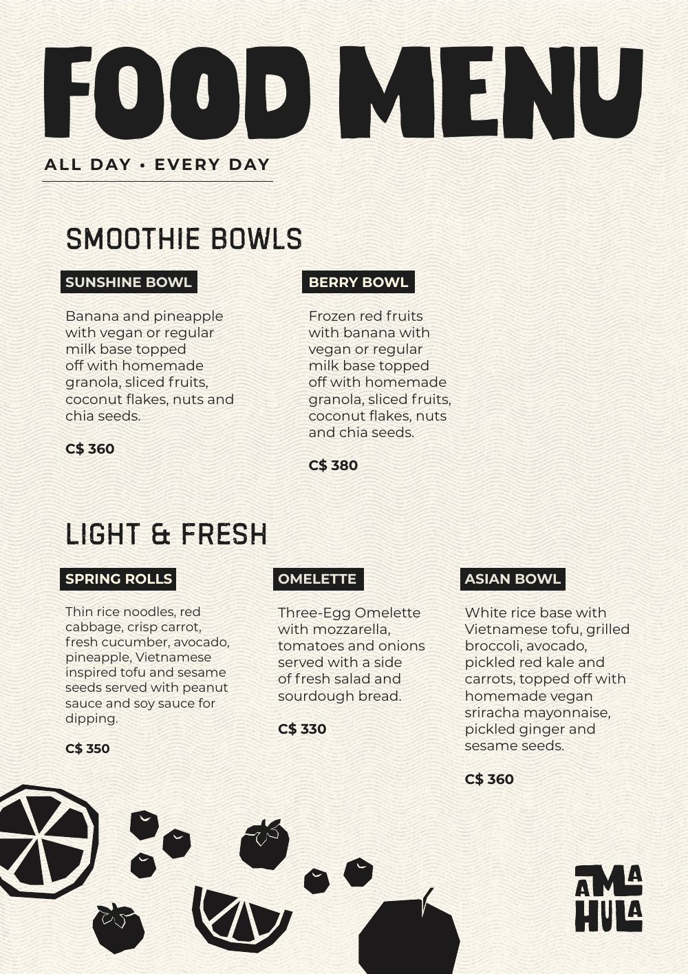 Food menu, all day: smoothie bowls and light and fresh