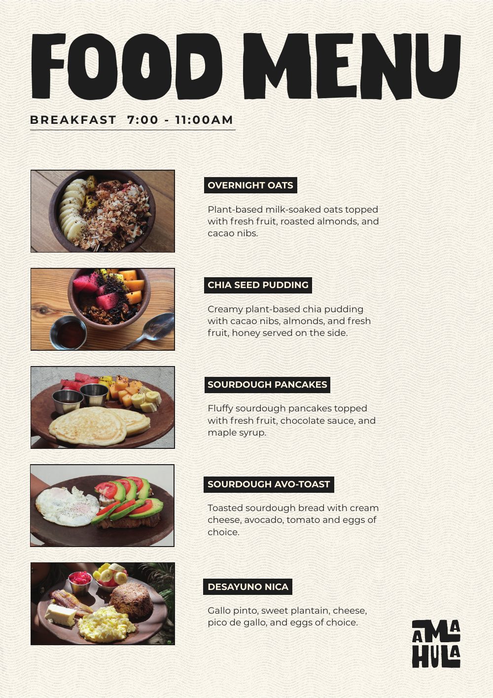 Food menu, breakfast 7 to 11 am