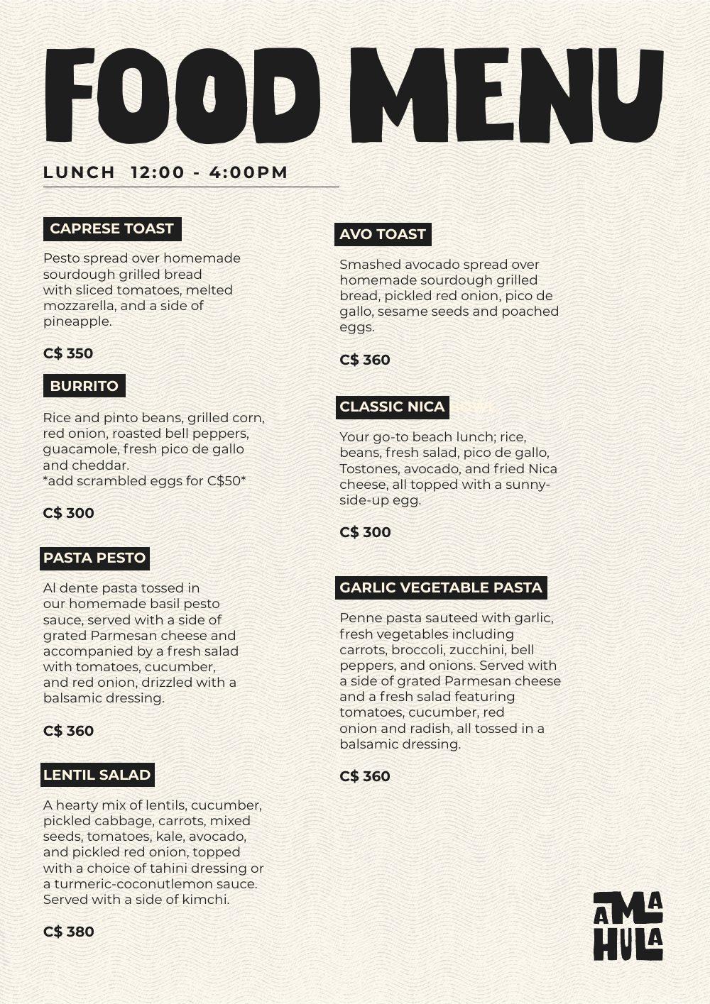 Food menu, lunch 12 to 4 pm