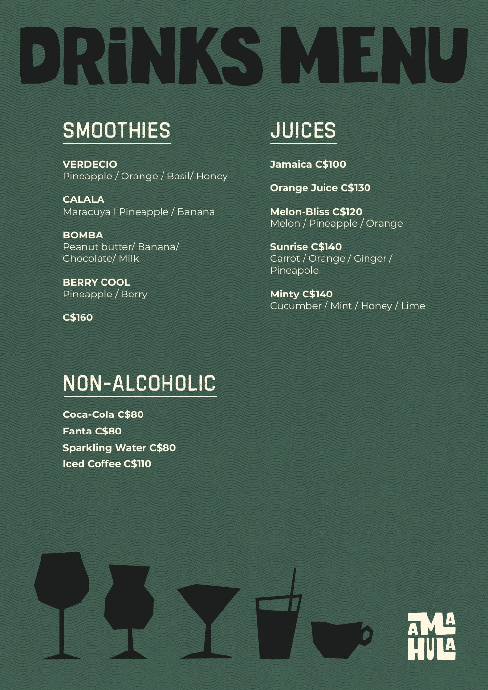 Drinks menu: smoothies, juices, non-alcoholic