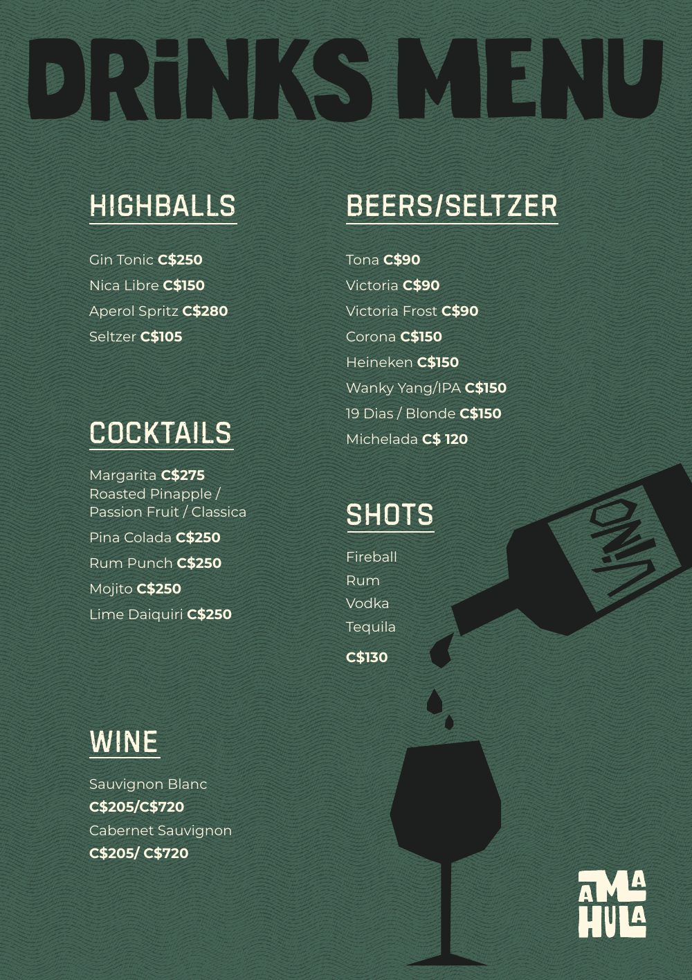 Drinks menu: highballs, beers, cocktails, shots, wine