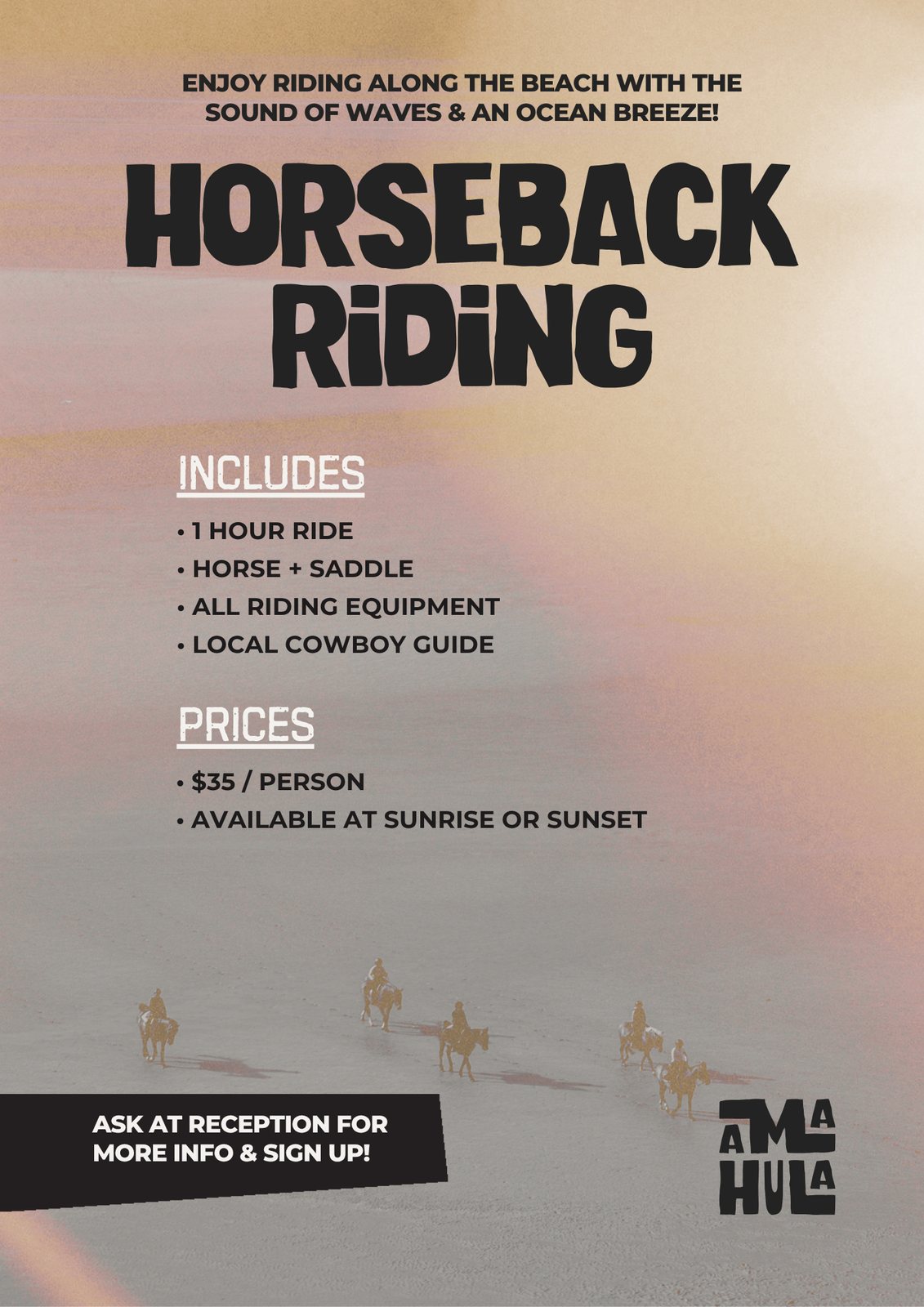 Poster: Horseback riding along the beach, what is included and prices