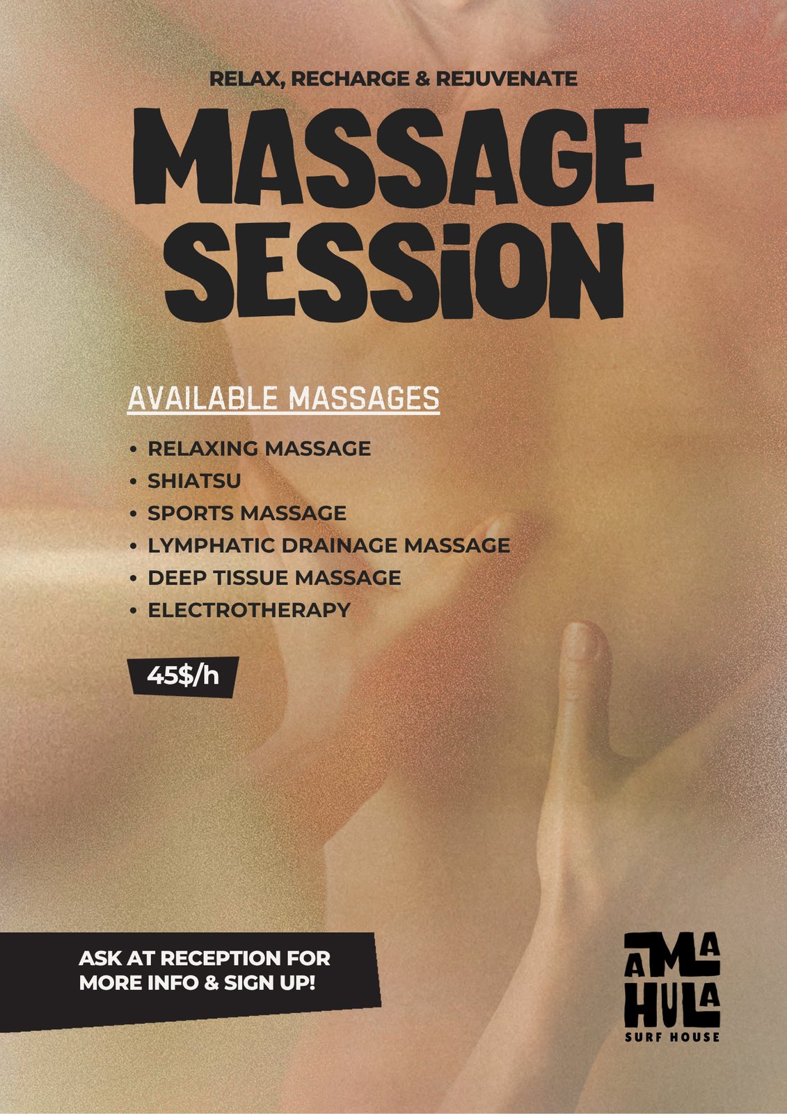 Poster: Massage session, available massages and prices