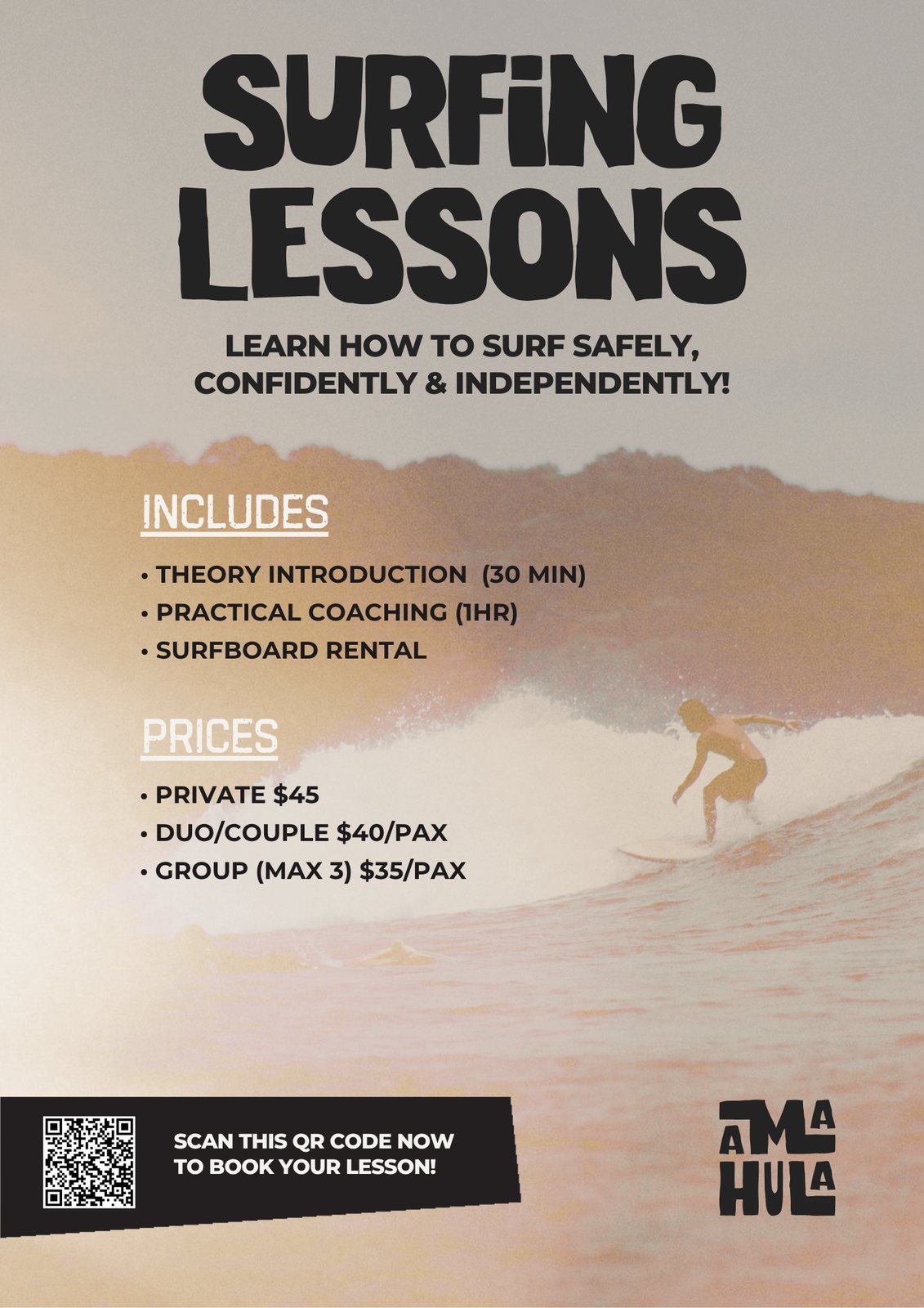 Poster: Surfing lessons, what is included and prices