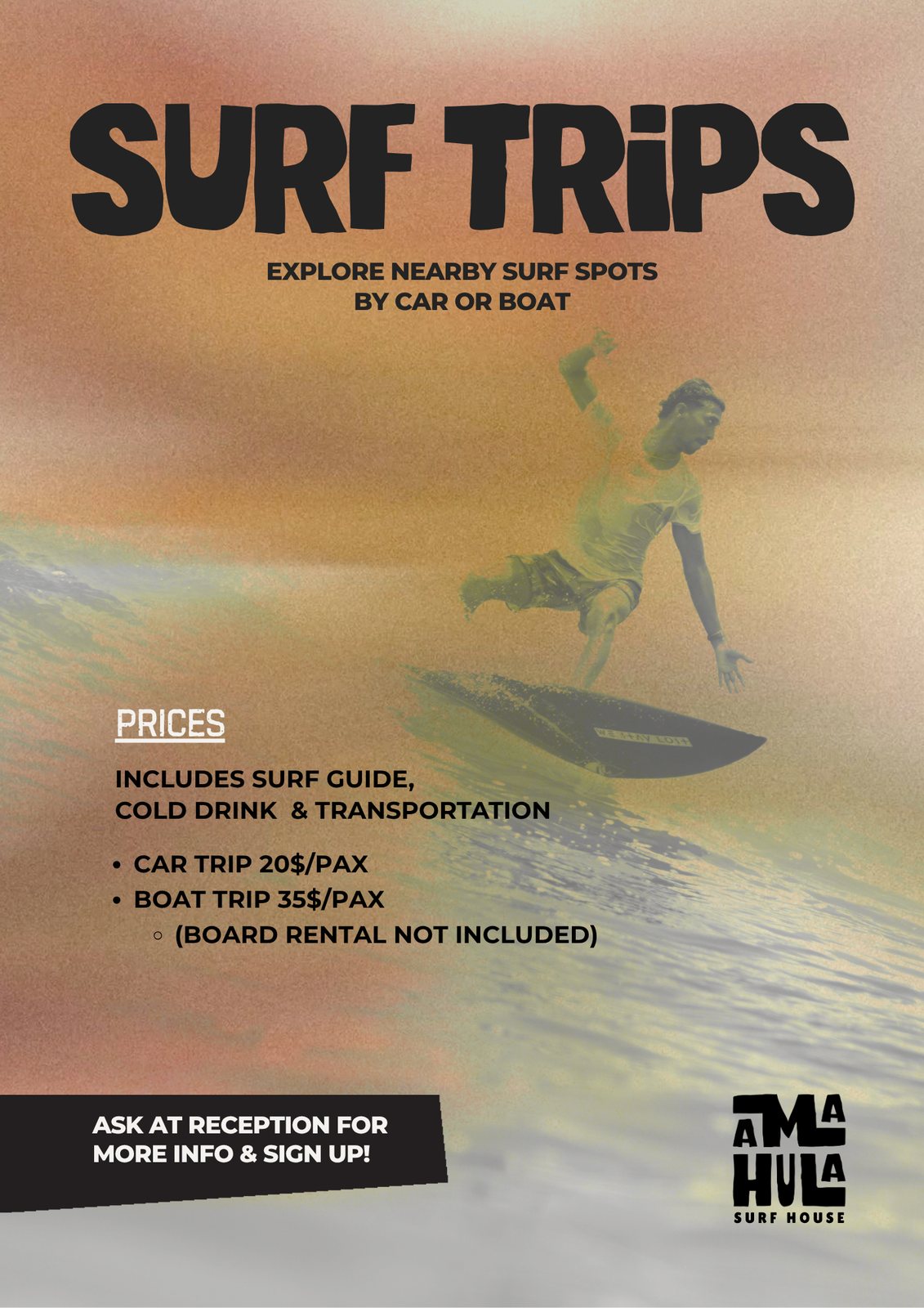 Poster: Surf trips to nearby spots by car or boat