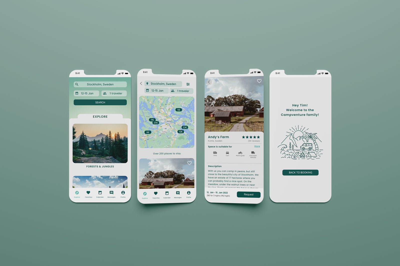 Campventure app screens on three phones