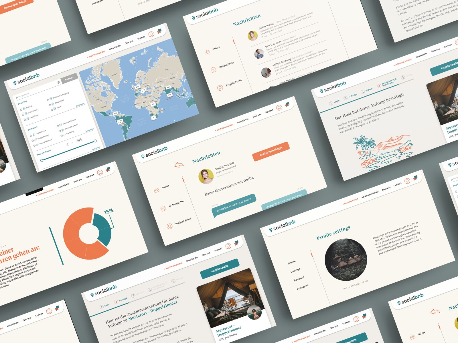 Socialbnb UI screens laid out in a grid