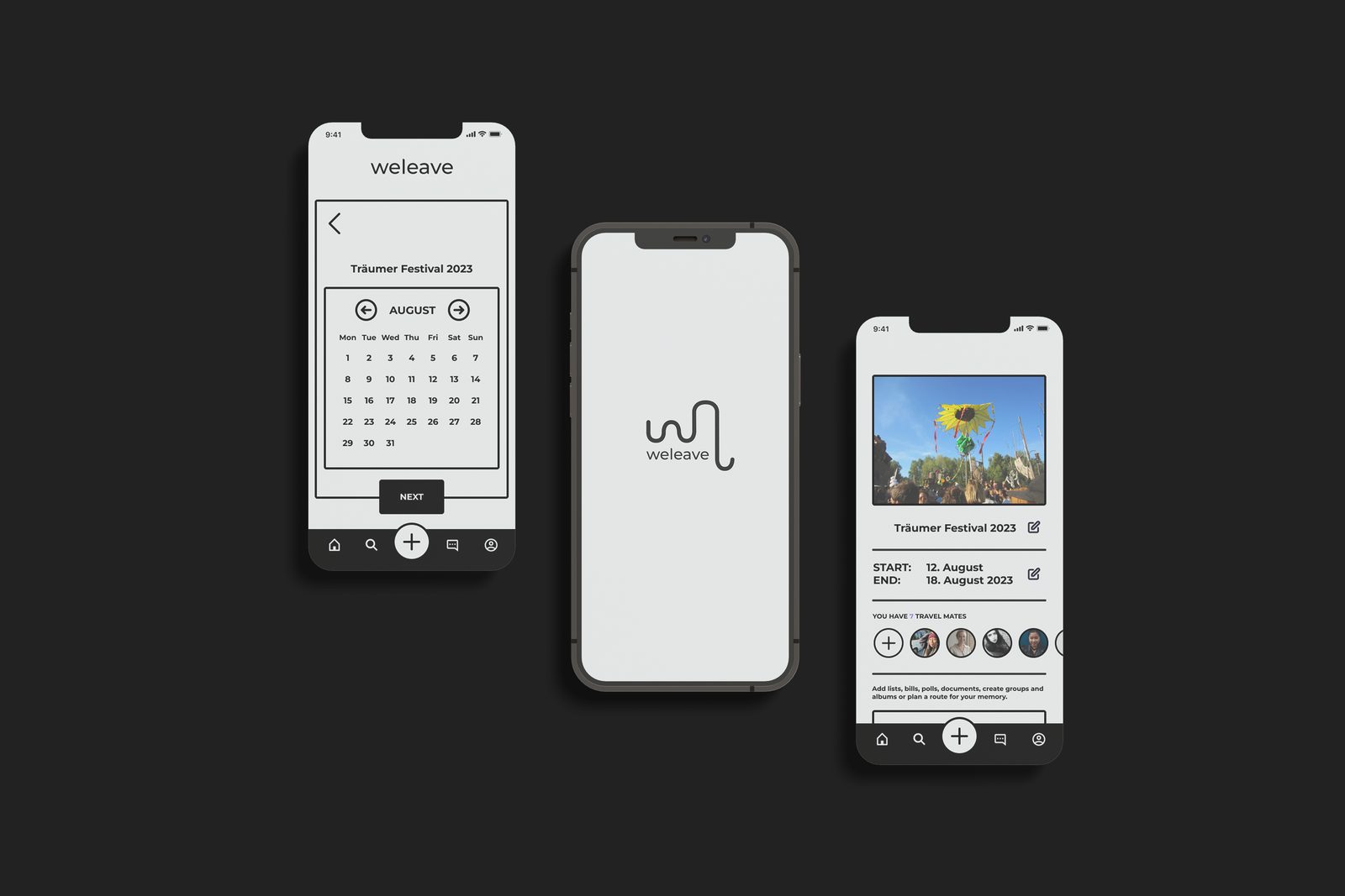 Weleave app screens on three phones
