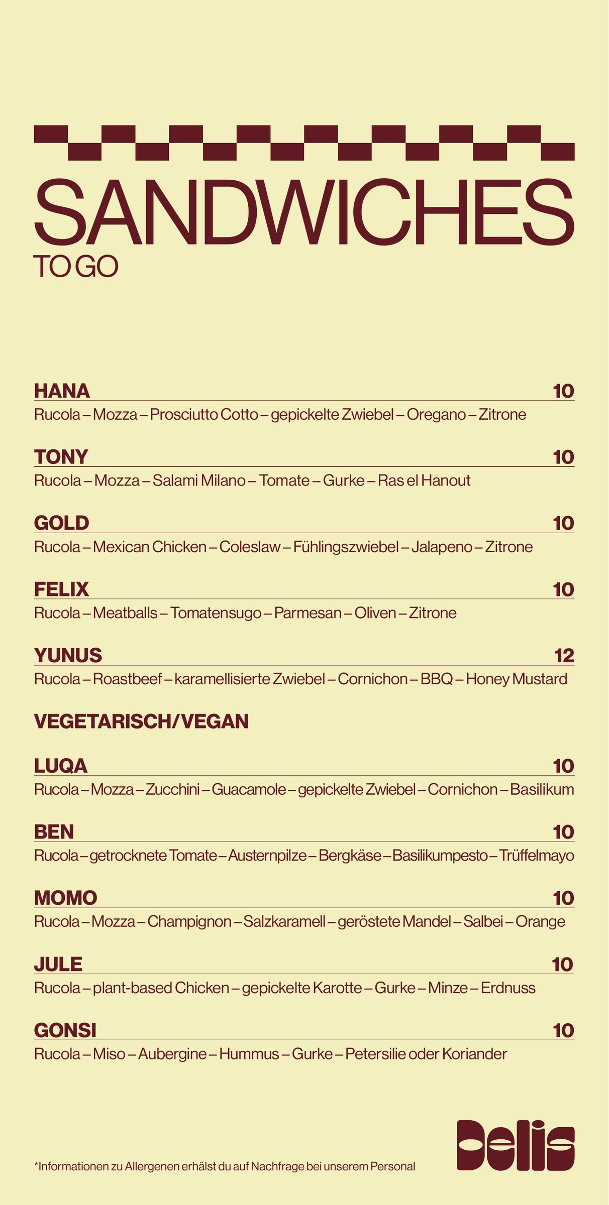 The printed DELIS menu card: Sandwiches to go, with checker band and ten sandwiches