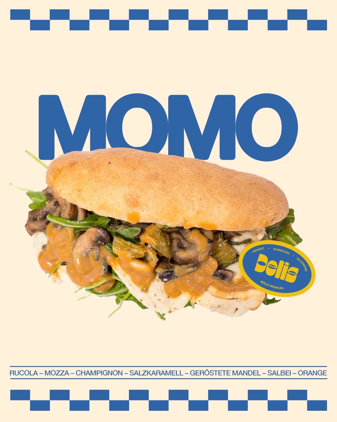 Momo poster: the product shot on cream with blue checker bands and the ingredient line
