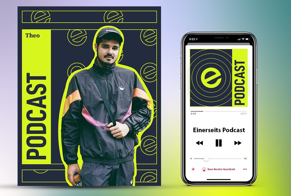 New episode post: Theo's cover next to a phone playing the Einerseits Podcast