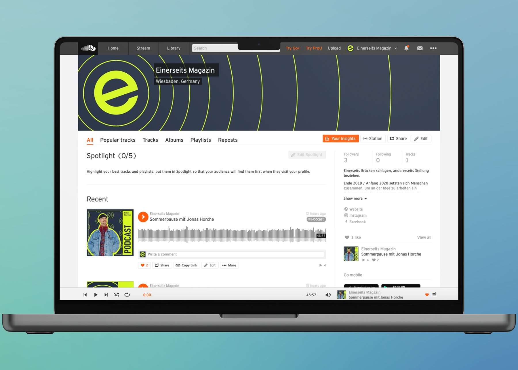 Laptop showing the Einerseits podcast page on SoundCloud, the header carries the e in its rings