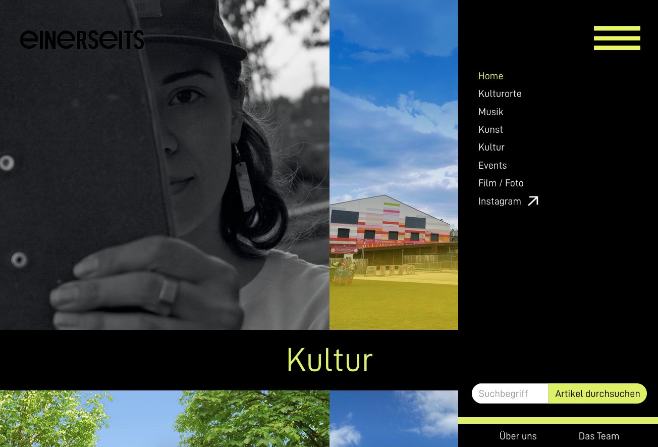 Website: menu open with sections
