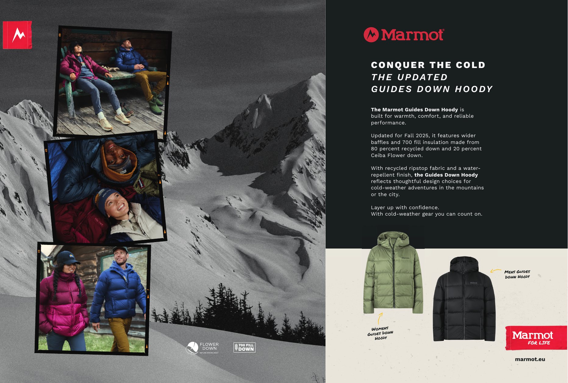 Double page ad for Naturkompaniet: Conquer the cold, Guides Down Hoody, snow