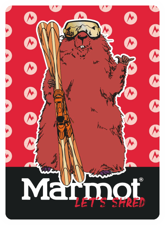 Sticker: a marmot with skis, Let's shred