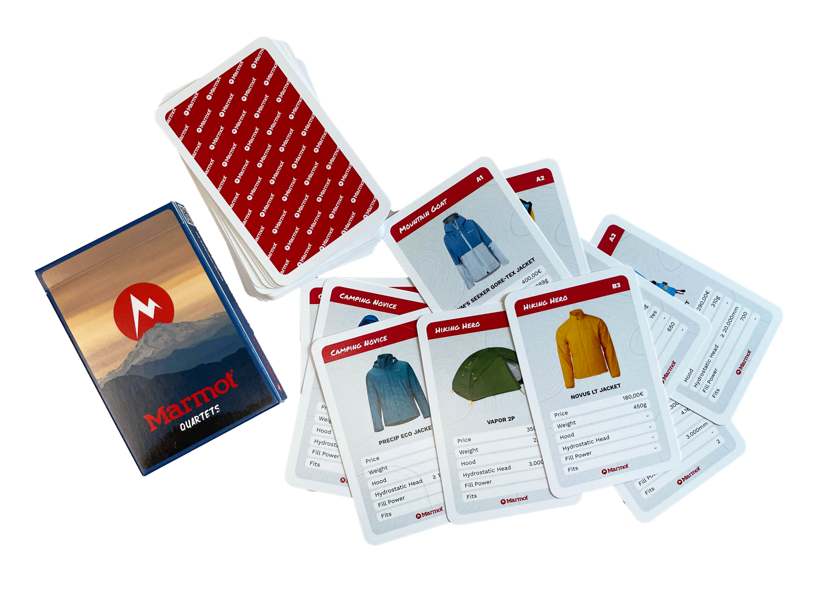 The printed Quartett: the box, the stack of card backs and a spread of cards