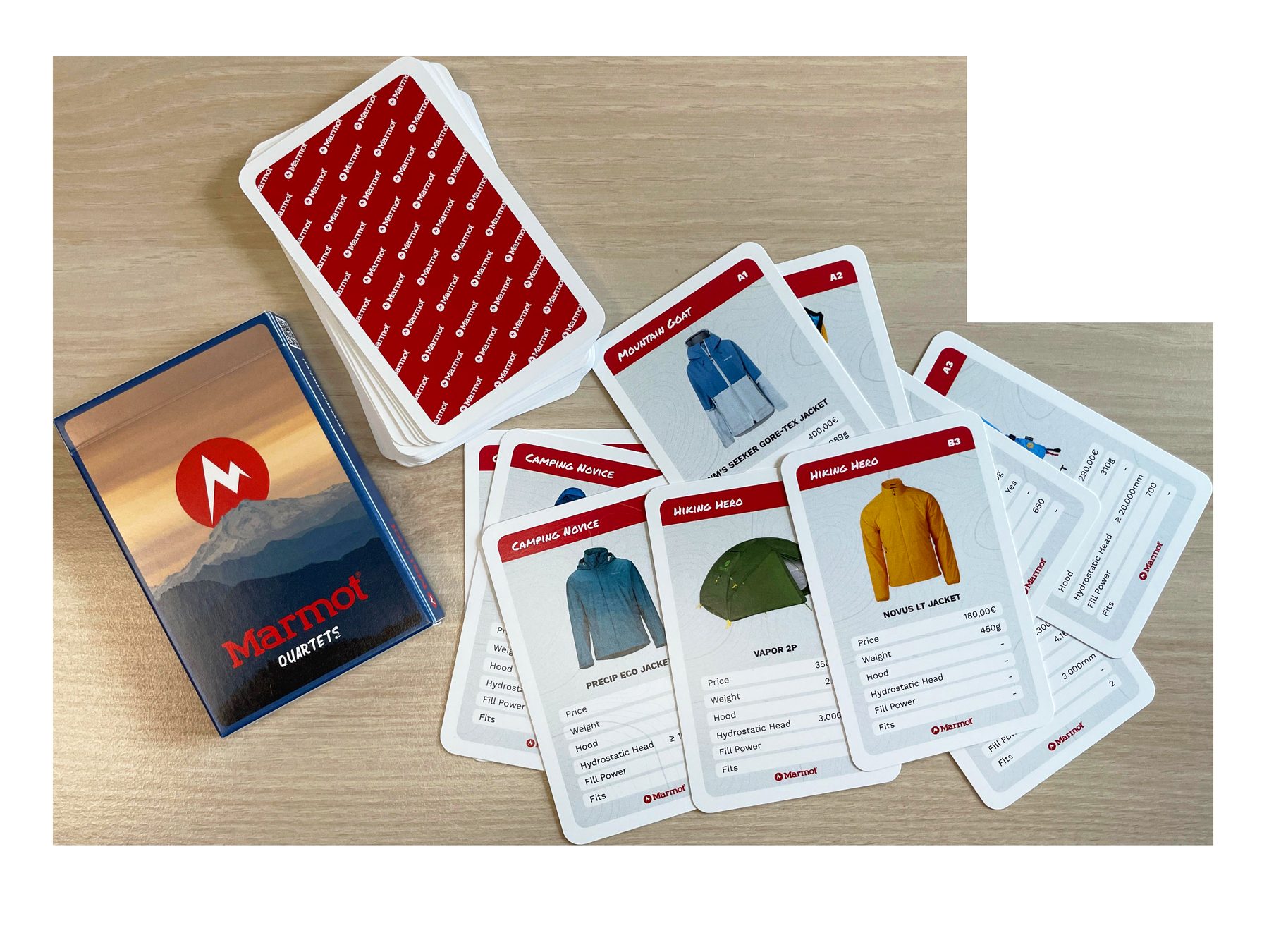 The printed Quartett deck fanned out on a table