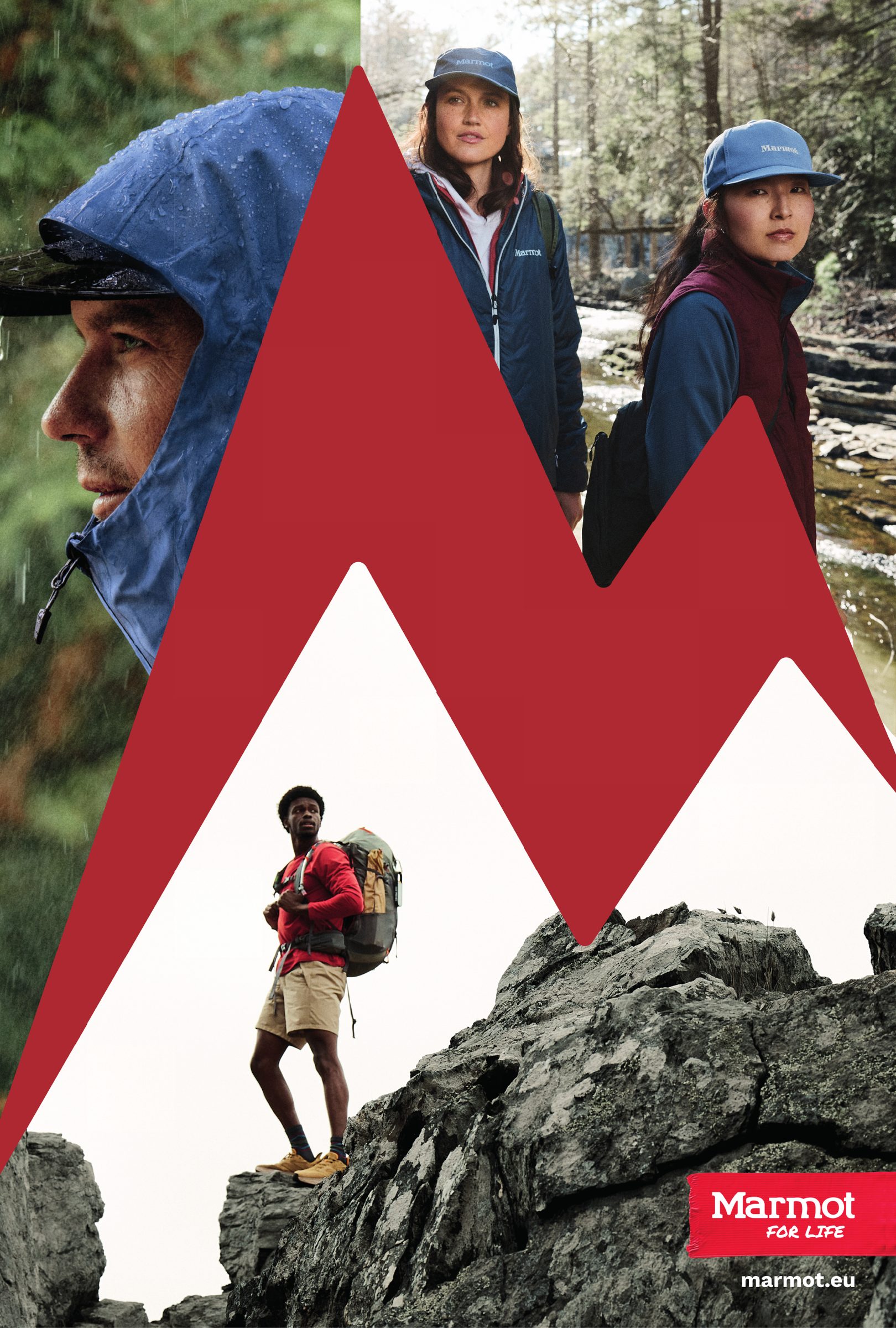 Booth wall: the red M mountain over a hiker on a rock