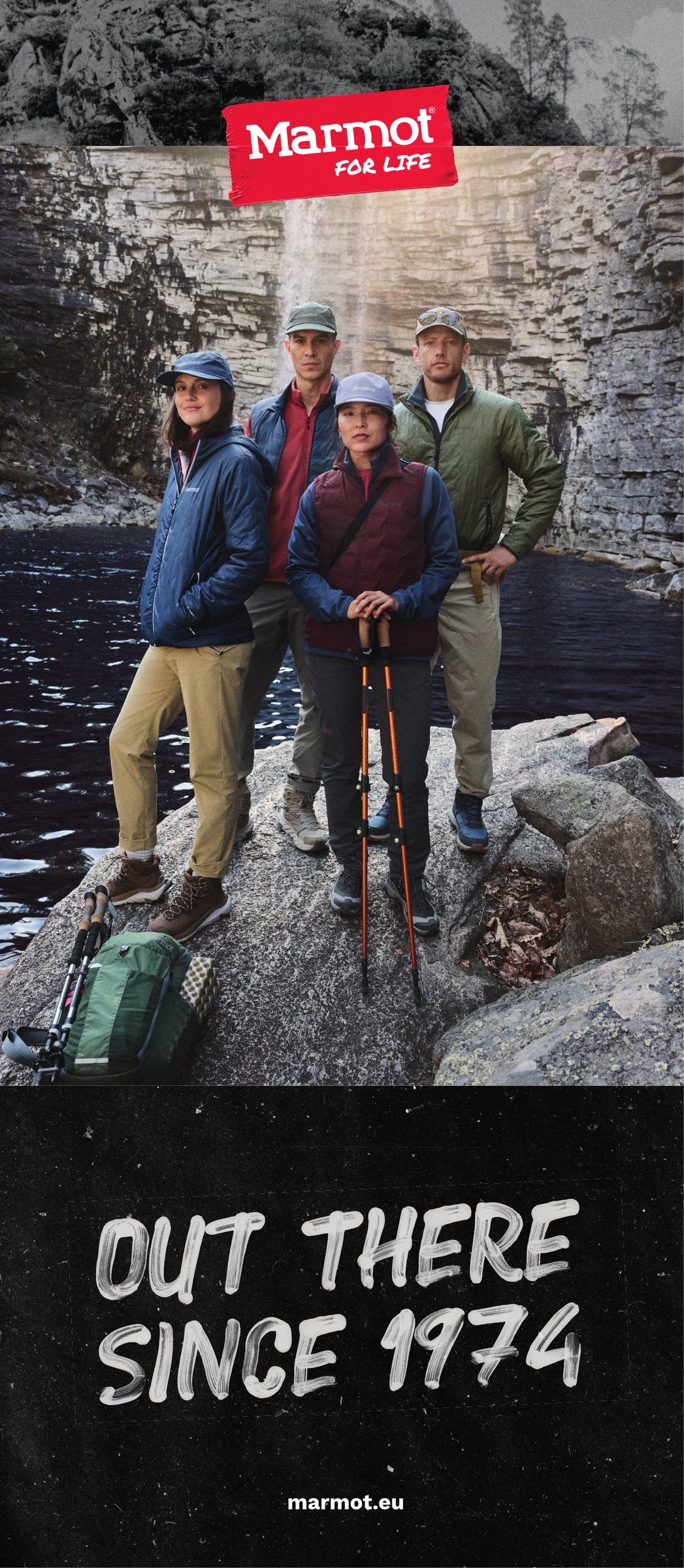 Booth wall: Out there since 1974, hikers in a canyon