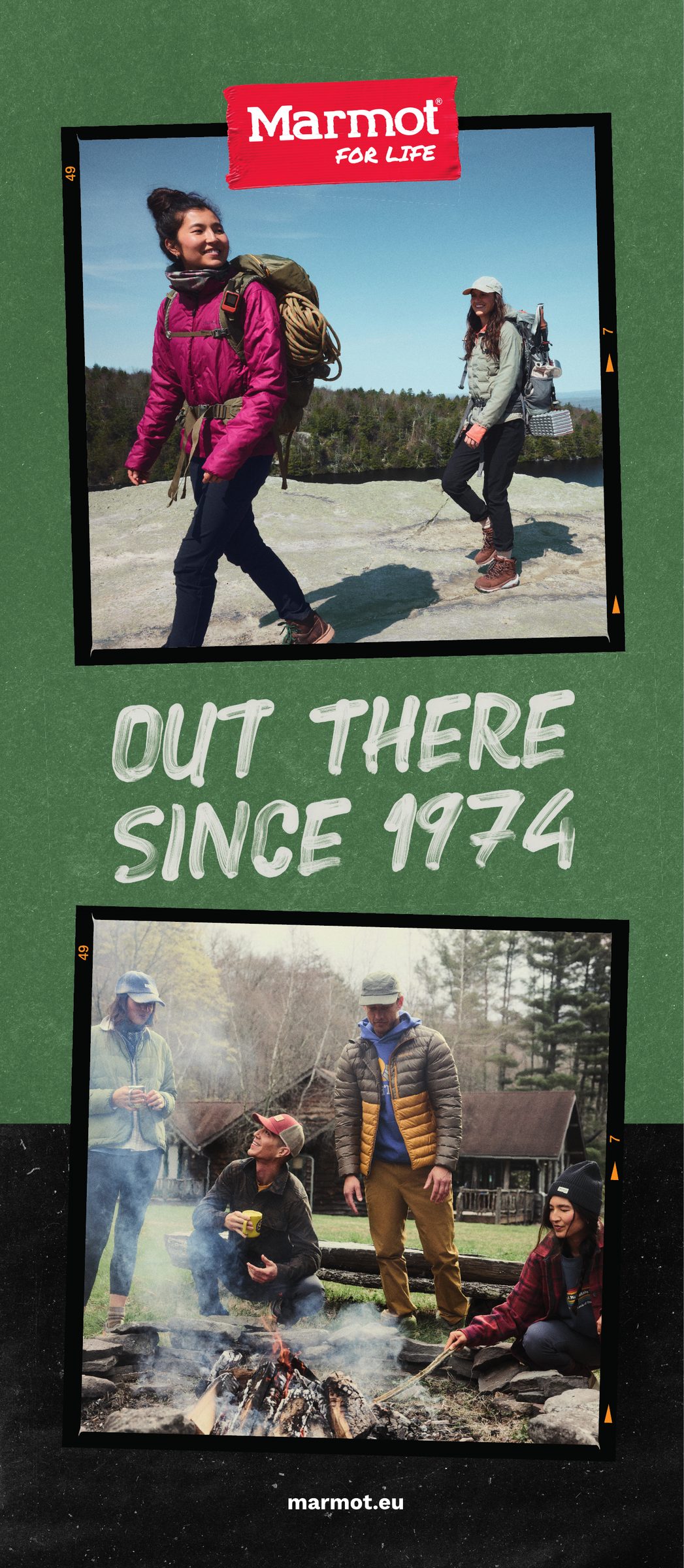 Booth wall: Out there since 1974 on green, campsite