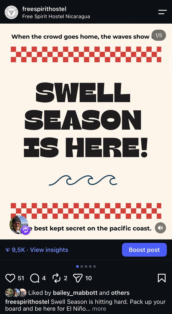 Instagram post: Swell season is here, in red on cream with checker flag