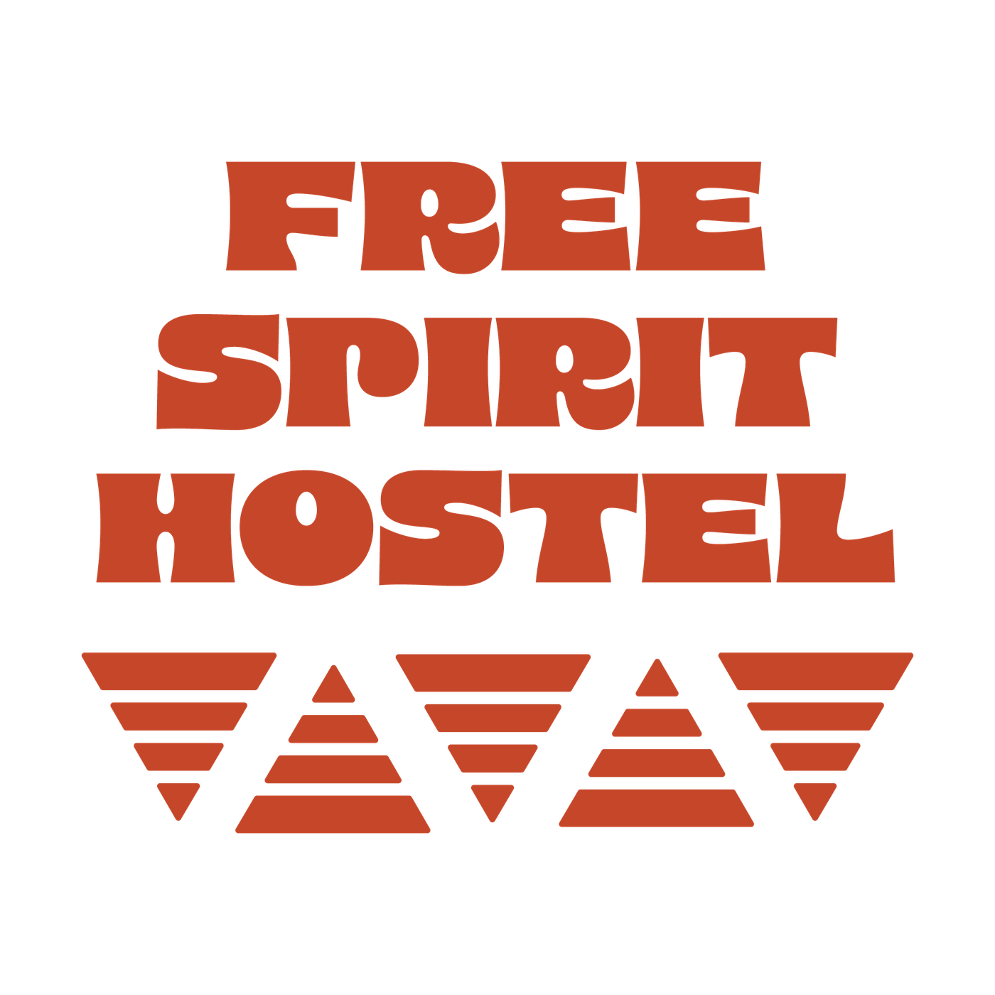 Free Spirit Hostel stacked wordmark with stripes
