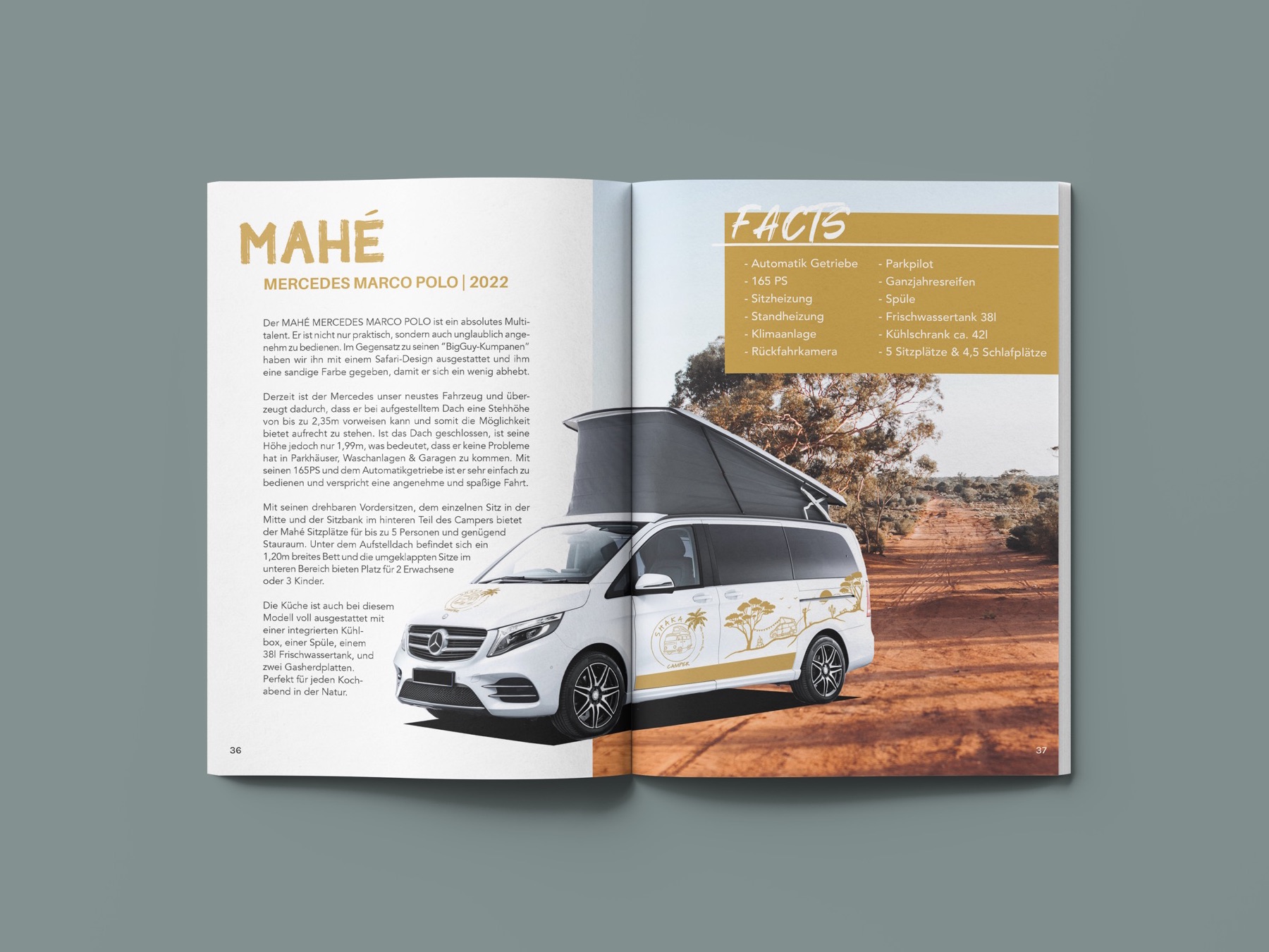 Magazine mockup: the Mahé spread with the Mercedes Marco Polo and its facts