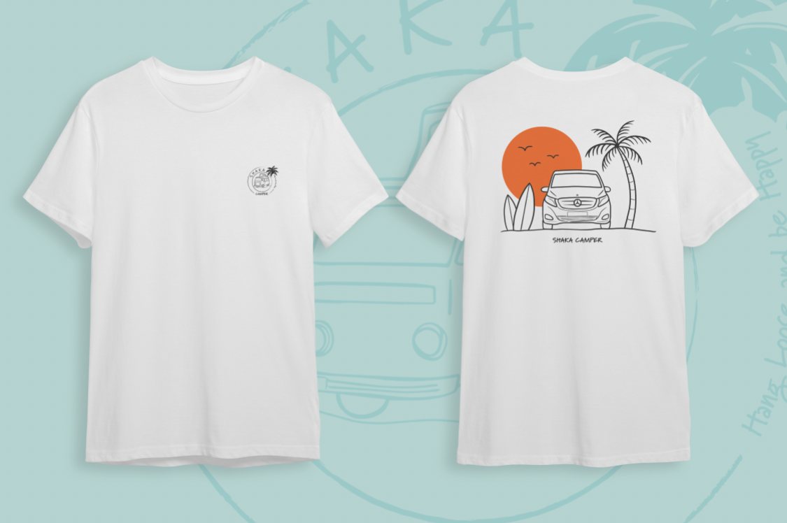 Two white shirts, front and back print with the van under a sunset