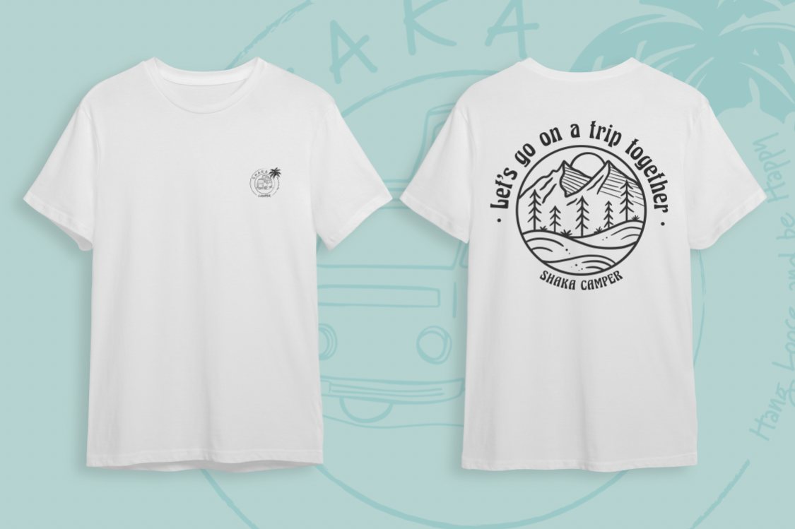 Two white shirts: small logo on the front, Let's go on a trip together on the back